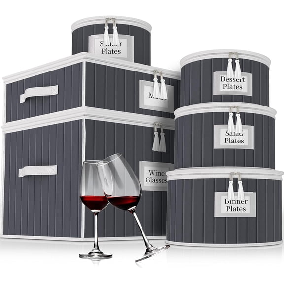 Fine China Storage Containers, 6 Piece Dish Storage Containers, Stackable Plate Storage, Coffee Mug Storage and Wine Glass Storage Box with Dividers, Quilted Dish Organizers, Grey