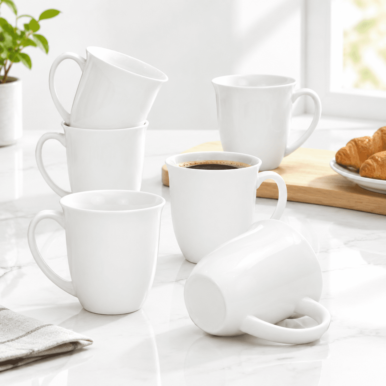 Fine Coffee Mugs Set Of 6 13 Oz White Tea Cups With Outwardly Tilted ...