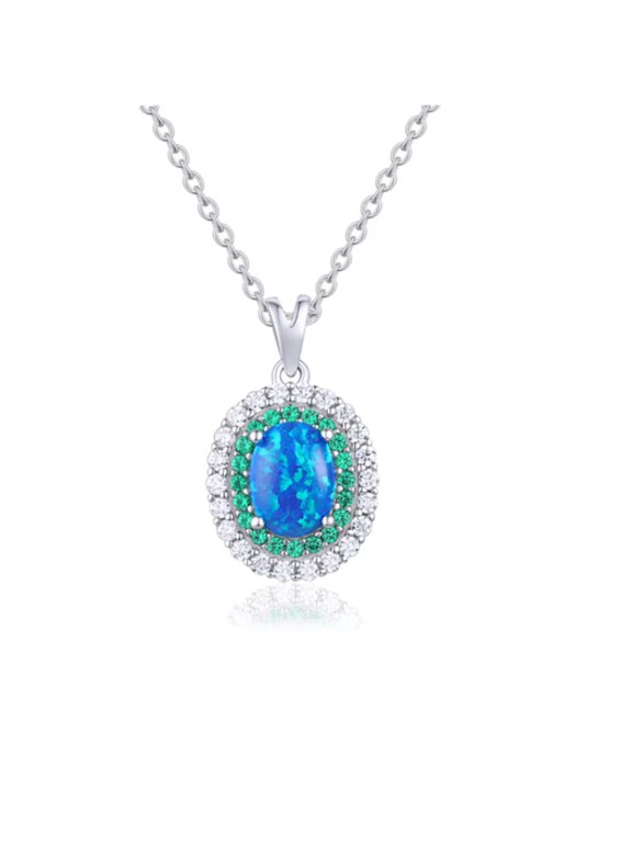 Blue Opal Necklace for Women in 925 Sterling Silver, Oval Halo Pendant with Nano Emeralds and CZ, 17.5 Inch
