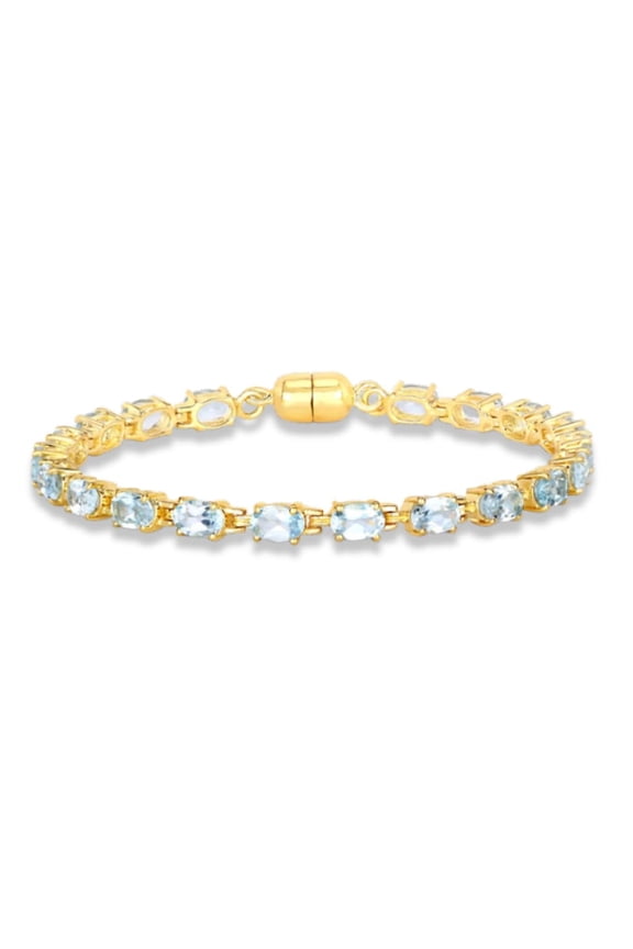 Genuine Blue Topaz Tennis Bracelet in 925 Sterling Silver with 18K Gold Plating 10.20 Carat Oval Shaped Blue Topaz Stones December Birthstone Bracelet Tennis Jewelry For Women