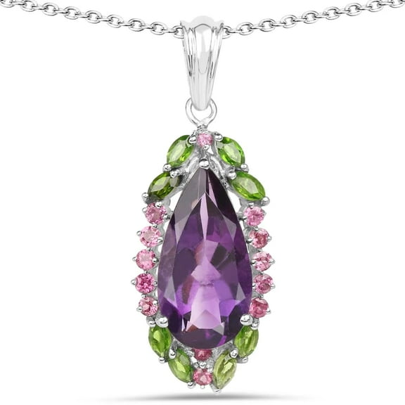 Fine Color Jewels Genuine Rhodolite Garnet Chrome Diaopside Amethyst Pendant in .925 Sterling Silver Amethyst Necklace 6.22 Carat Purple Pendant Necklace Cocktail Jewelry Gift For Women