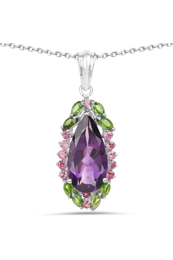 Genuine Rhodolite Garnet Chrome Diaopside Amethyst Pendant in .925 Sterling Silver Amethyst Necklace 6.22 Carat Purple Pendant Necklace Cocktail Jewelry Gift For Women