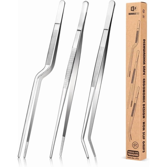 Fine Cooking Tweezers Set, Professional Stainless Steel Food Clip, Kitchen Black Long Handle Chef Tweezers, for Cooking, Plating, Decorating and (Silver, 12 Inches)