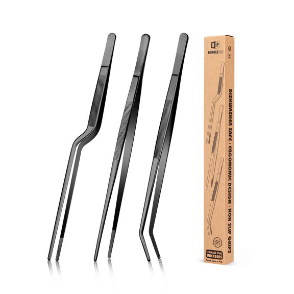 Fine Cooking Tweezers Set, Professional Stainless Steel Food Tongs, Kitchen Black Long Chef Tweezer for Cooking, Plating, Decorating and BBQ (BLACK, 12 inch)