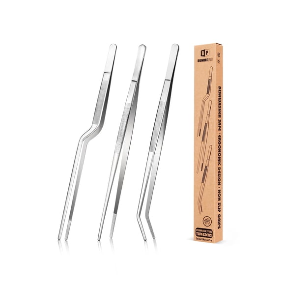 Fine Cooking Tweezers Set, Professional Stainless Steel Food Tongs, Kitchen Black Long Chef Tweezer for Cooking, Plating, Decorating and BBQ (SILVER, 10 inch)