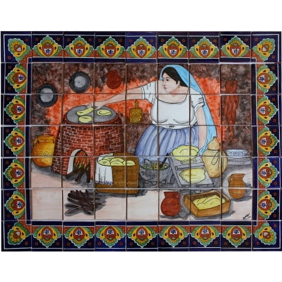 Fine Crafts & Imports 38" x 30" Hand-Painted Clay Talavera Tile Mural for Tortilla Maker