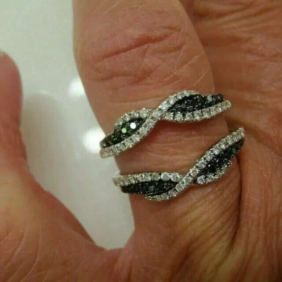 Fine Creation 1.30 CT Round Black White Diamond Band Enhancer Guard Wrap Ring 14K White Gold Plated - 6.5
