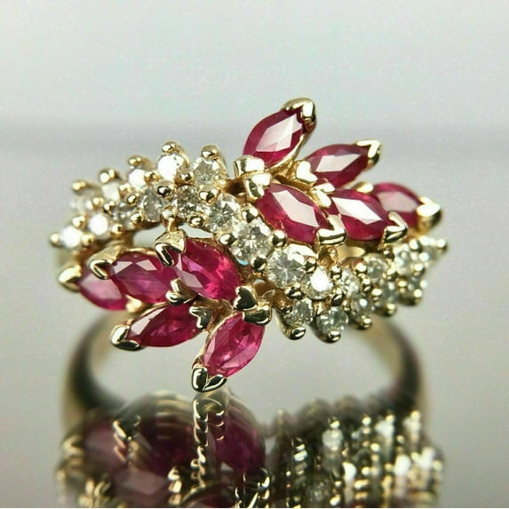 Fine Creation 1.60 Ct Marquise Cut Red Ruby And Diamond Cluster Wedding Engagement Ring 14K Yellow Gold - 10