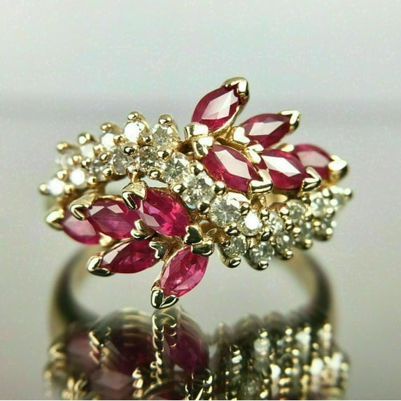 Fine Creation 1.60 Ct Marquise Cut Red Ruby And Diamond Cluster Wedding Engagement Ring 14K Yellow Gold - 9.5