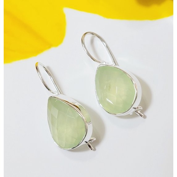 Fine Cut Prehnite Earring, Pure Silver Earring, Prehnite Jewelry, Green Prehnite Bezel Earring, Women Handmade Earring, Gift For Her, Sale