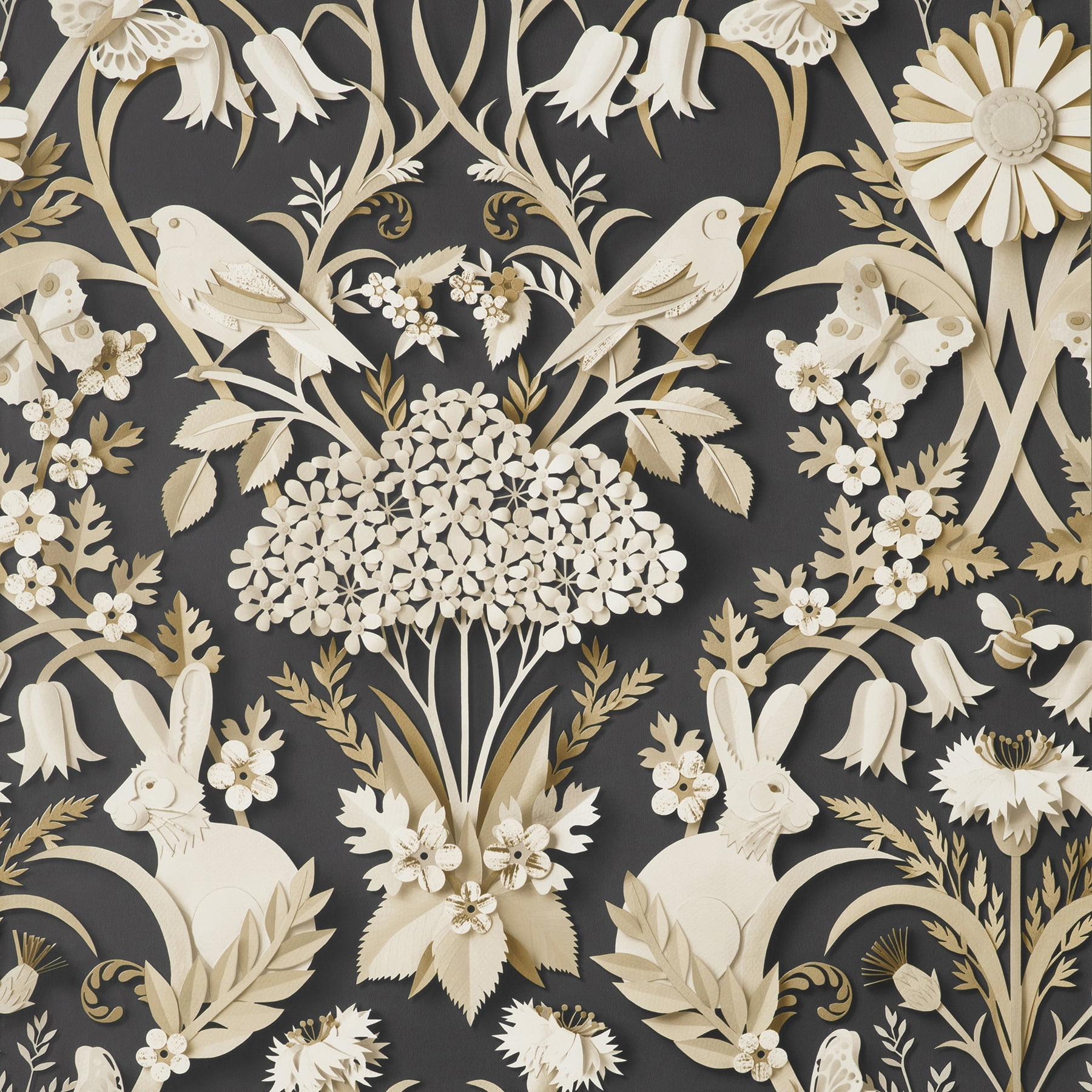 Whimsical Charcoal and White 3D Woodland Wallpaper