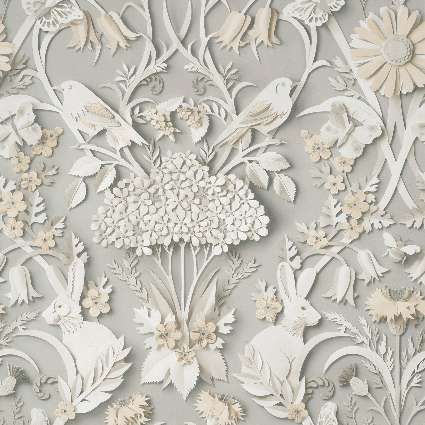 Light Grey 3D Woodland Animals Matte Wallpaper