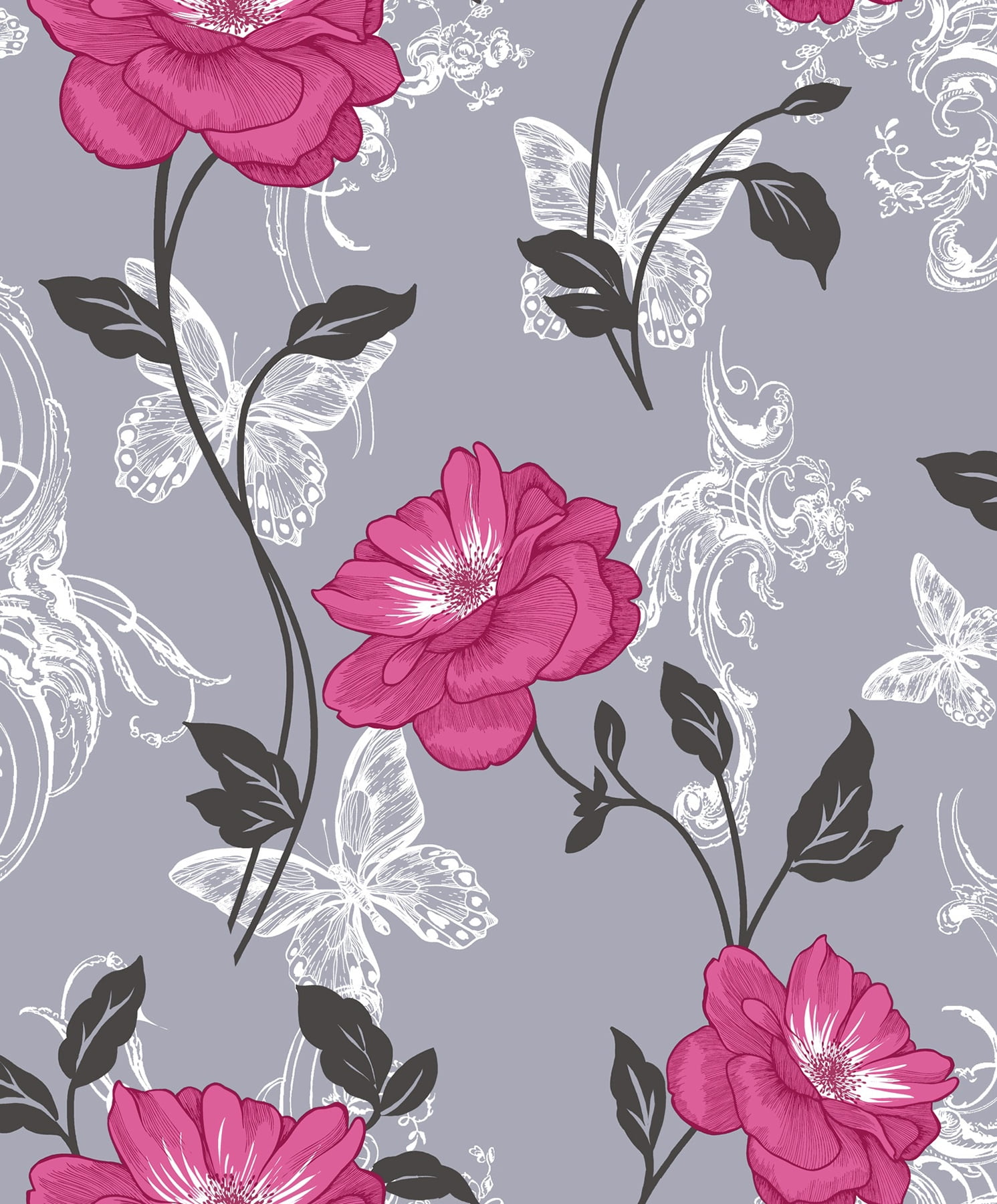 Medley Grey and Pink Floral Botanical Wallpaper