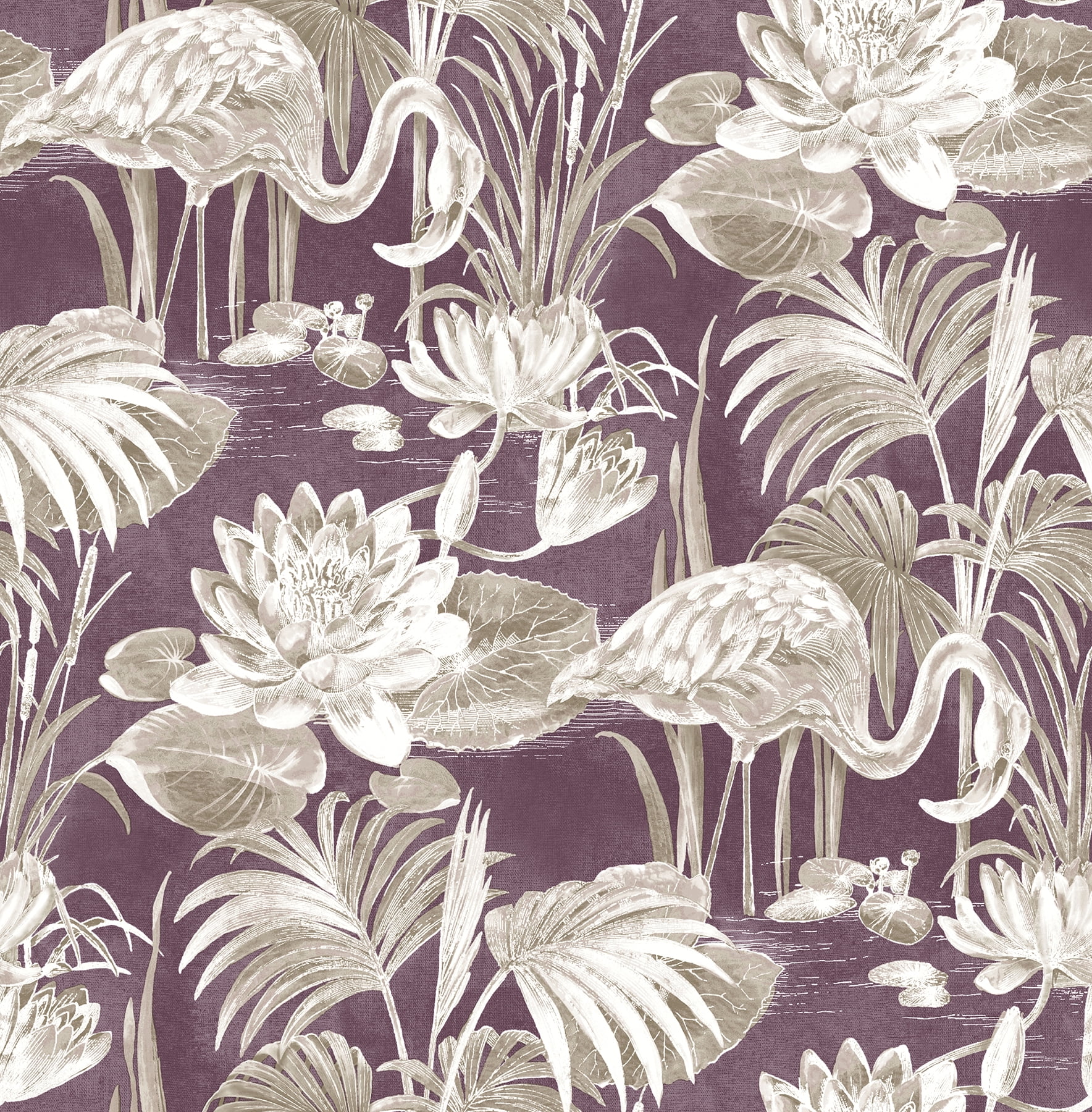 Purple and Off-White Tropical Flamingo Botanical Wallpaper