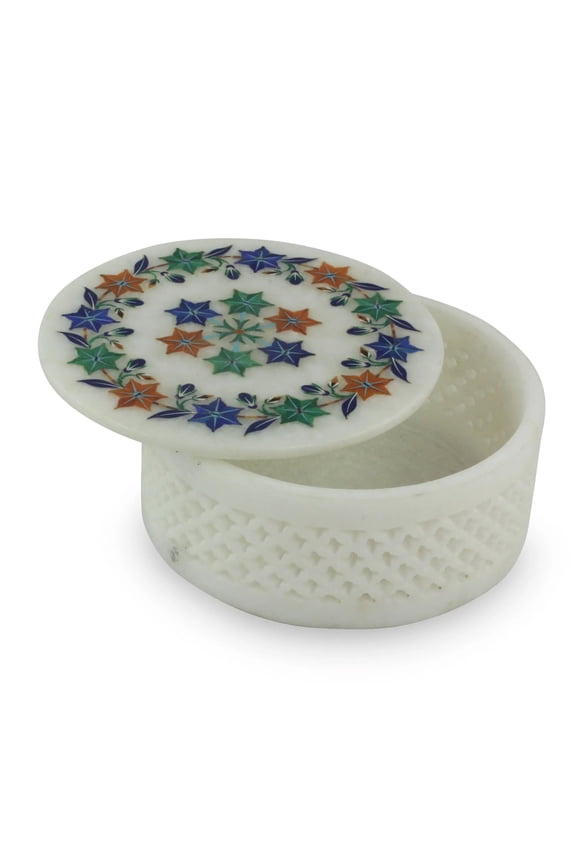 Fine Decorative White Marble Jewelry Box Inlaid Malachite Gemstone