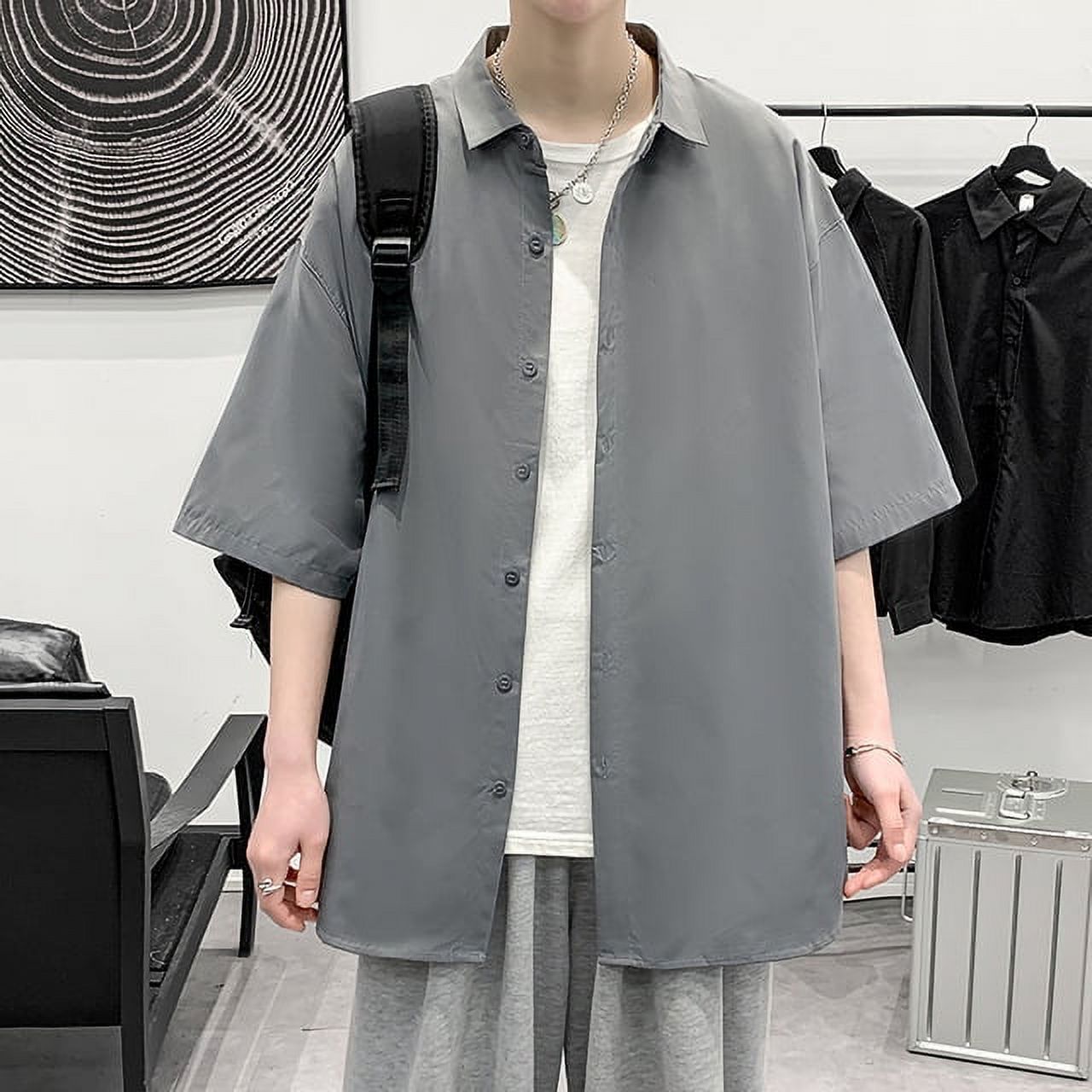 Fine Fashion Men Loose Solid Color Shortsleeved Shirt Hong Kong Style