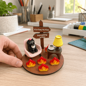 It's Fine I'm Fine Everything Is Fine Black Cat Desk Figurine, Funny Cat On Fire Decorative Ornament for Home Office Desk, Humorous Stress‑Relief Gift for Friends