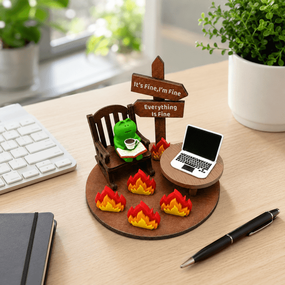 It's Fine I'm Fine Everything Is Fine Green Frog Desk Figurine, Funny Frog On Fire Mini Desktop Ornament for Office Home Decor, Humorous Stress‑Relief Novelty Gift for Coworkers Friends