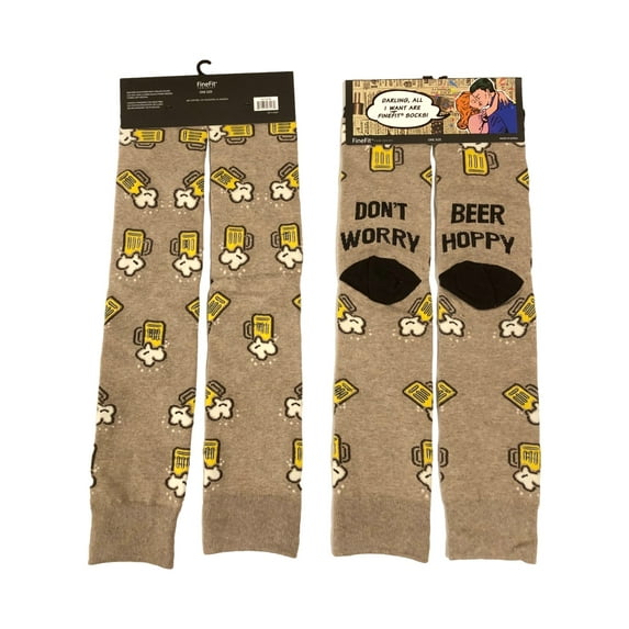 Fine Fit Adult Mens 2 Pair Brown Beer Themed Be Hoppy Crew Socks Gift Set