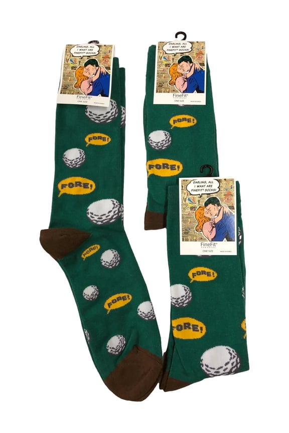 Adult Mens 3 Pair Green Golf Themed Fore Crew Socks Gift Set