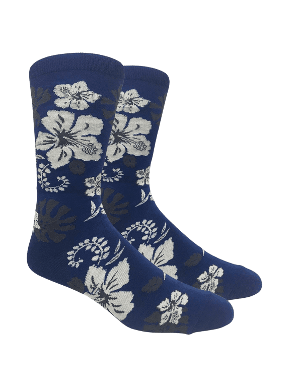 Fun Crew Novelty Dress Casual Sock Hawaiian Floral Hibiscus Aloha Navy Body