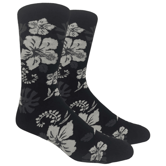 Fine Fit Fun Crew Novelty Dress Casual Socks Hawaiian Floral Hibiscus Aloha Black Body