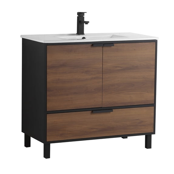 Fine Fixture Hamilton Bathroom Vanity and Sink, 36 Inch Walnut - ADA Compliant