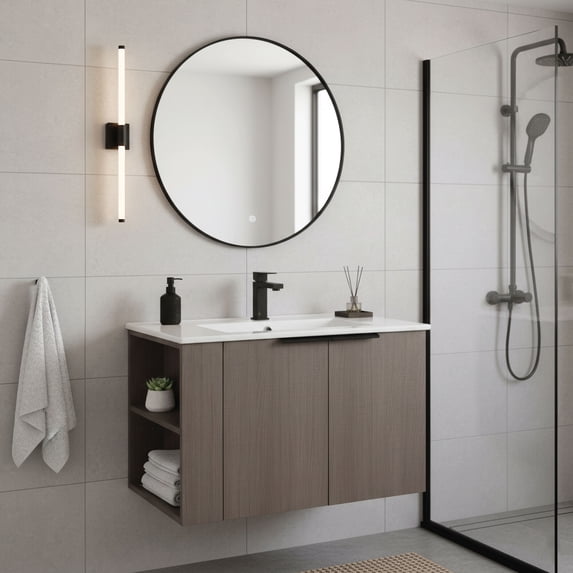 Fine Fixtures 30" Elmridge Modern Bathroom Vanity with White Ceramic Sink - Wide Interchangable Open Side Shelves - Gray Oak