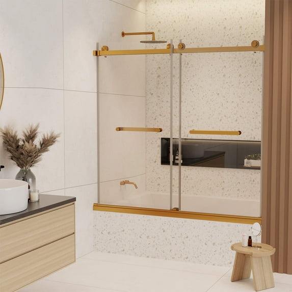 Fine Fixtures 60" Frameless Adjustable Double Sliding Tub Door – Clear Tempered Glass with Smooth Glide Rollers, Satin Brass Hardware