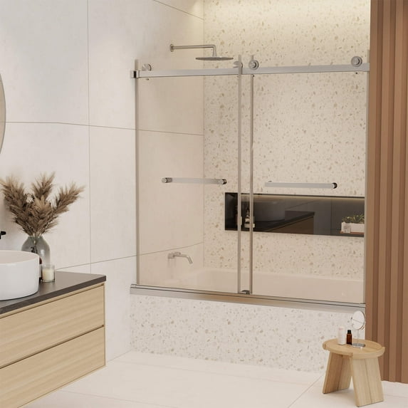 Fine Fixtures 60" Frameless Adjustable Double Sliding Tub Door – Clear Tempered Glass with Smooth Glide Rollers, Satin Nickel Hardware