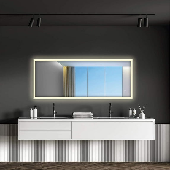 Fine Fixtures 60x30 Round Aluminum Bathroom Mirror with LED Lighting (Touch sensor) Anti-Fog, Warm/Cool Light Feature.