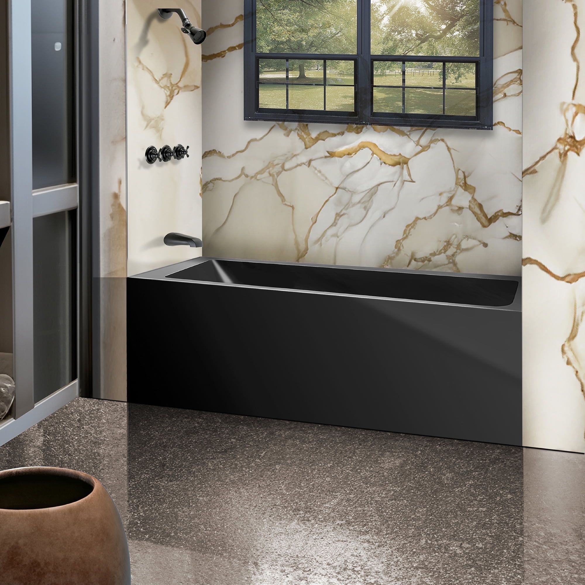 Black Acrylic Alcove Soaking Bathtub with Apron Front, 54" x 30"