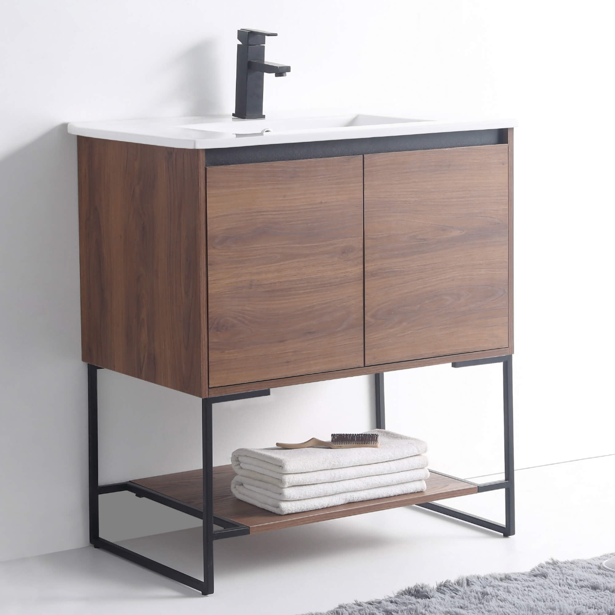 30" Walnut and White Glossy Bathroom Vanity with Shelf