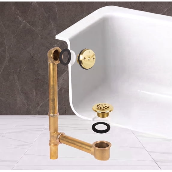 Fine Fixtures Bathtub Shower Drain - 20 Gauge Brass Tubing, Trip Lever Overflow Assembly Tub Drain Kit - Satin Brass