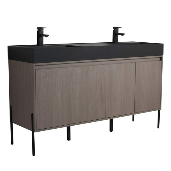 Fine Fixtures Crownpoint Bathroom Vanity 60" Wide - Gray Oak - Black Double Sink