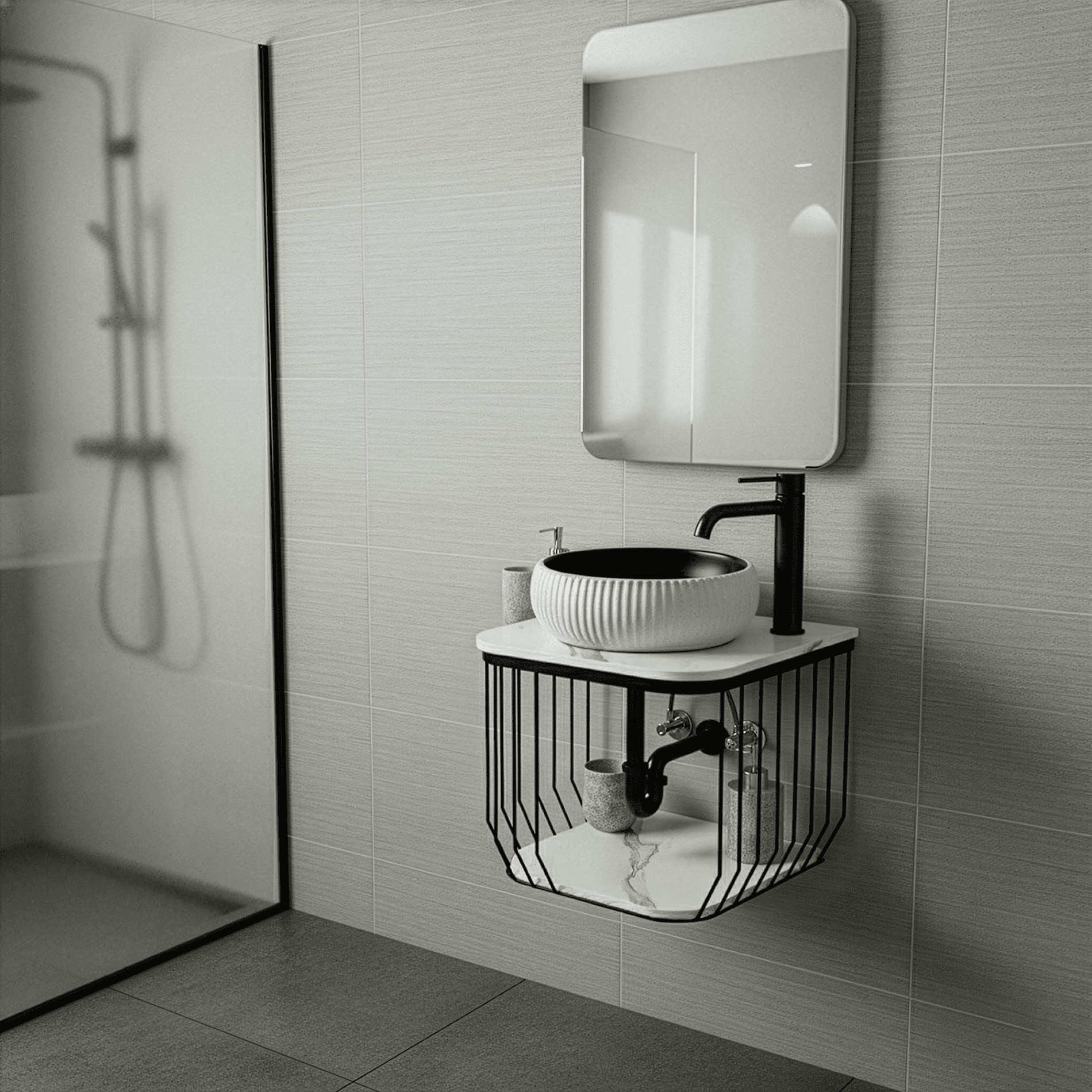 Fine Fixtures Dumbo 20" Modern Wall-Mounted Vanity with Black Metal Frame and Marble-Look Top, Compact Open-Frame Design with 16" Round Vessel Sink