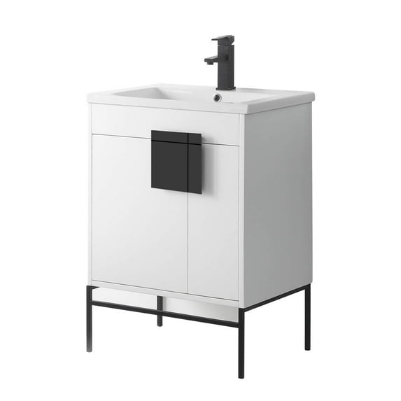 Fine Fixtures - Fine Fixtures - Modern White 24" Bathroom Vanity Set, Black Matte Hardware, Vitreous China Sink Top