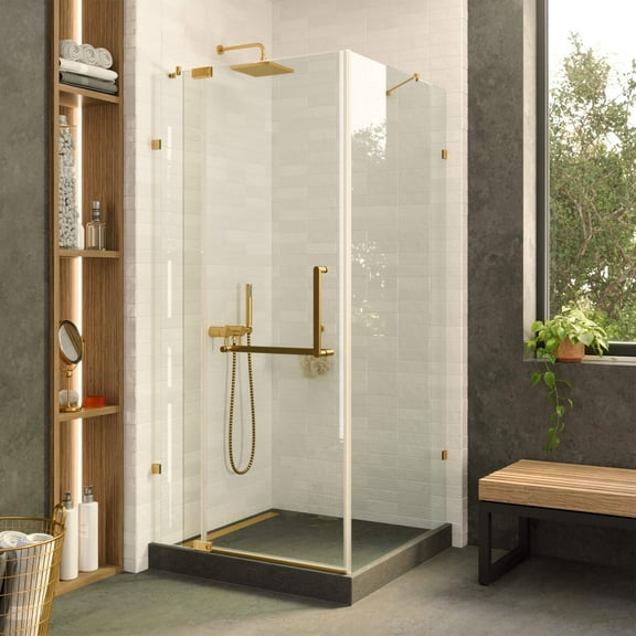 Fine Fixtures Frameless Shower Enclosure Hinged Glass Shower Door - Tempered Glass 30" W x 30" D x 74" H Satin Brass Finish