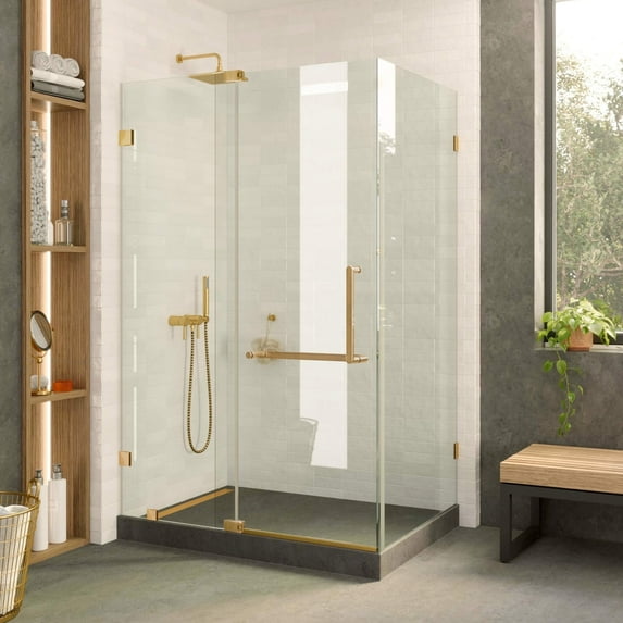 Fine Fixtures Frameless Shower Enclosure Hinged Glass Shower Door - Tempered Glass 40" W x 28" D x 74" H Satin Brass Finish