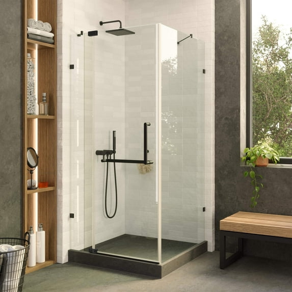 Fine Fixtures Frameless Shower Enclosure Hinged Glass Shower Door - Tempered Glass 40" W x 40" D x 74" H Black Finish