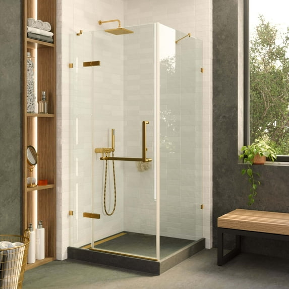 Fine Fixtures Frameless Shower Enclosure Hinged Glass Shower Door - Tempered Glass 42" W x 42 D x 74" H Satin Brass Finish