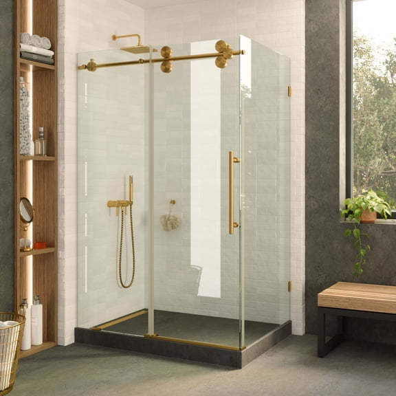Fine Fixtures Frameless Shower Enclosure Sliding Shower Glass Door - Tempered Glass 60" W x 34.25 D x 74.25 H Satin Brass Finish