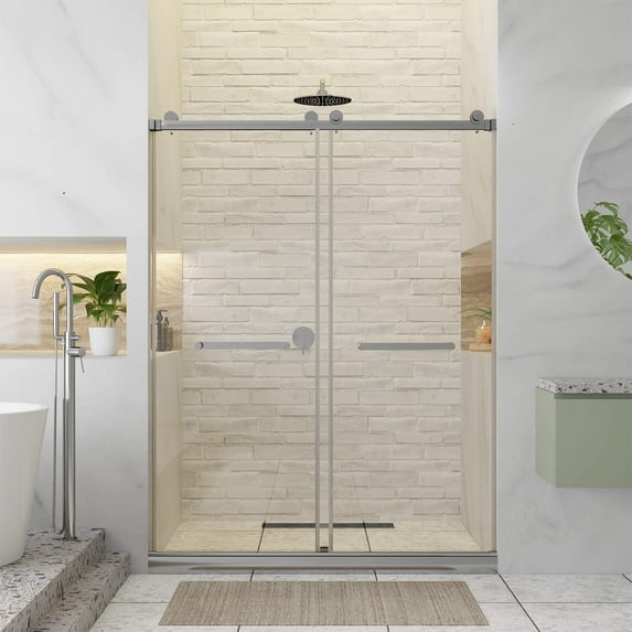 Fine Fixtures Frameless Shower Glass Door - Clear Double Sliding Shower Door with Tempered Glass - Shower Glass Panel Bathroom Door, Hardware Complete Kit 60" W x 80" D in Polished Chrome Finish