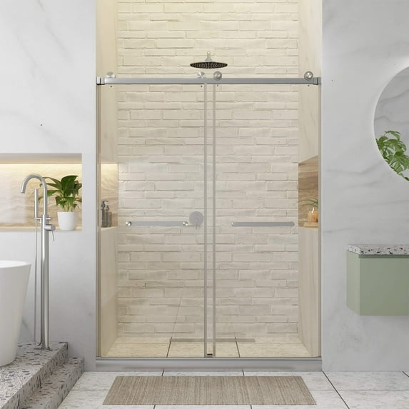 Fine Fixtures Frameless Shower Glass Door - Clear Double Sliding Shower Door with Tempered Glass - Shower Glass Panel Bathroom Door, Hardware Complete Kit 60" W x 80" D in Satin Nickel Finish