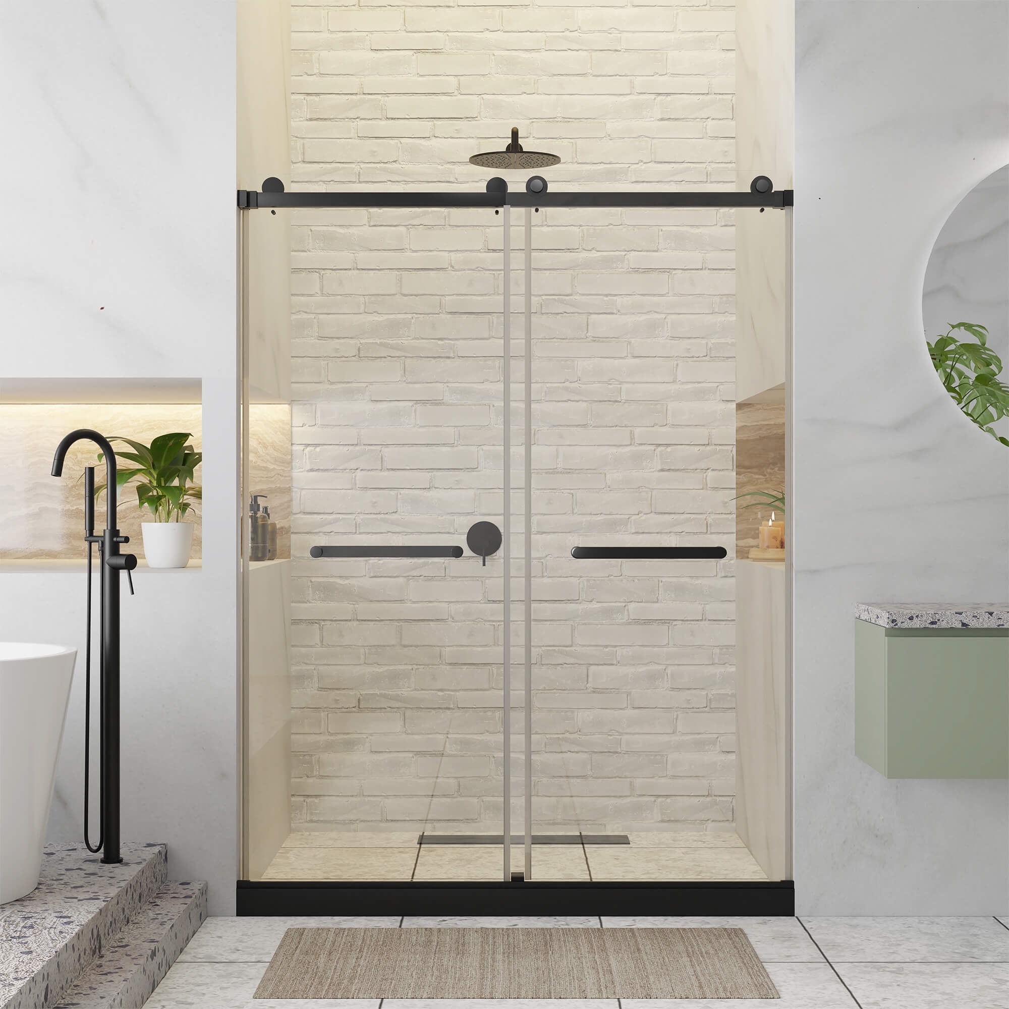 48'' W x 80'' H Black Frameless Double Sliding Shower Door
