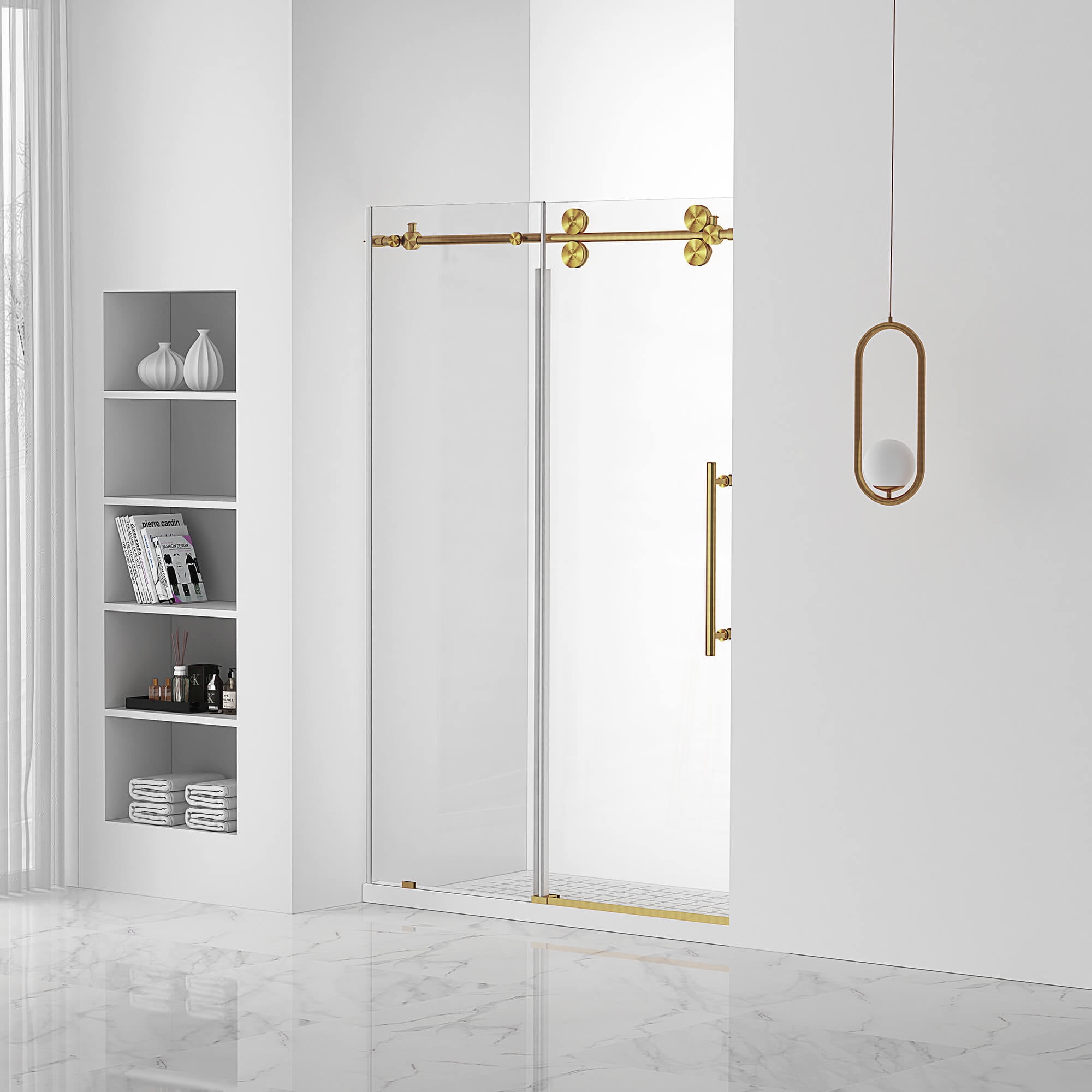 48'' Satin Brass Frameless Sliding Shower Door with Tempered Glass