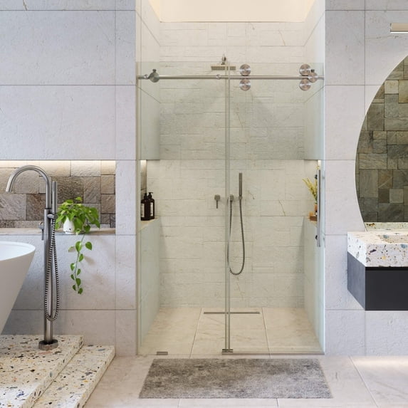 Fine Fixtures Frameless Shower Glass Door - Sliding Shower Door With Tempered Glass 48" W x 75" D in Satin Nickel Finish