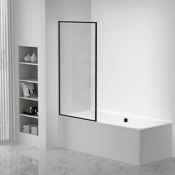Fine Fixtures Full Frame Fixed Tub Shower Glass Panel - Clear Tempered Glass Bathroom Shower Door 34" W x 58" H Black Finish
