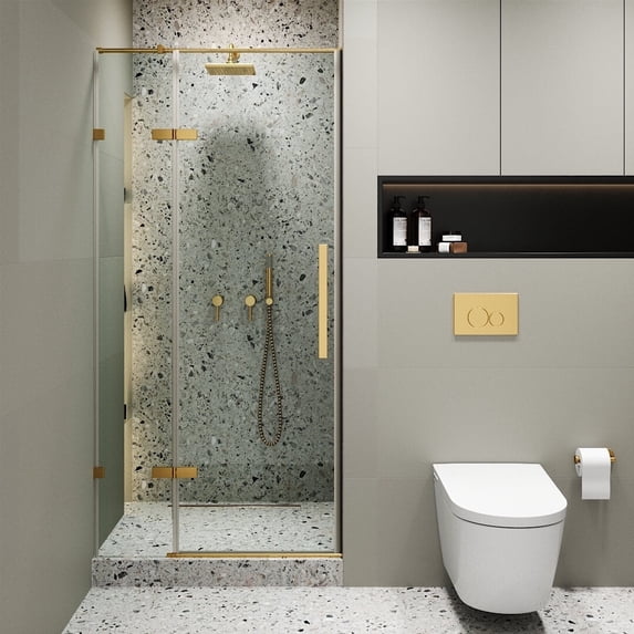Fine Fixtures Hinged Frameless Shower Door - Clear Tempered Glass Door - Walk In Shower Enclosure 32" W x 74" H Satin Brass Finish