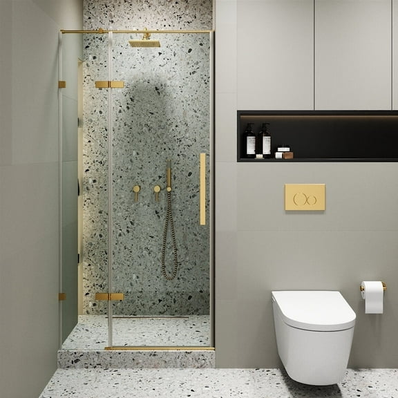 Fine Fixtures Hinged Frameless Shower Door - Clear Tempered Glass Door - Walk In Shower Enclosure 36" W x 74" H Satin Brass Finish